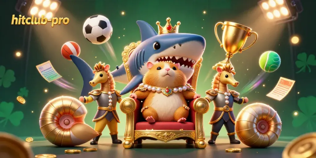 Engage in gaming excitement with hitclub-pro’s lively 3D scene featuring a golden hamster king amidst dynamic sports elements.