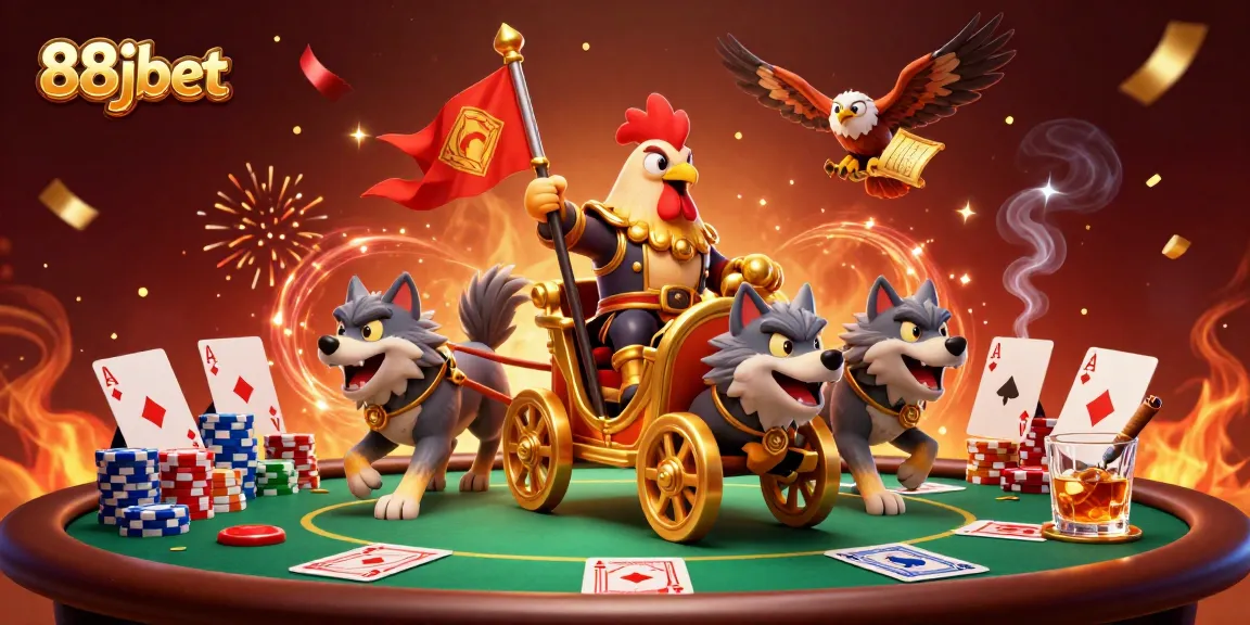 Join the adventure with 88jbet in this dynamic casino scene featuring a rooster warlord and poker elements.