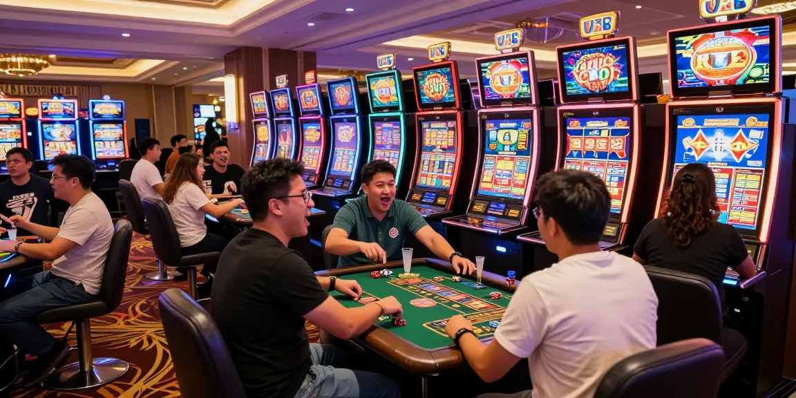 Group enjoying the thrill of slot gacor machines in a lively casino atmosphere.