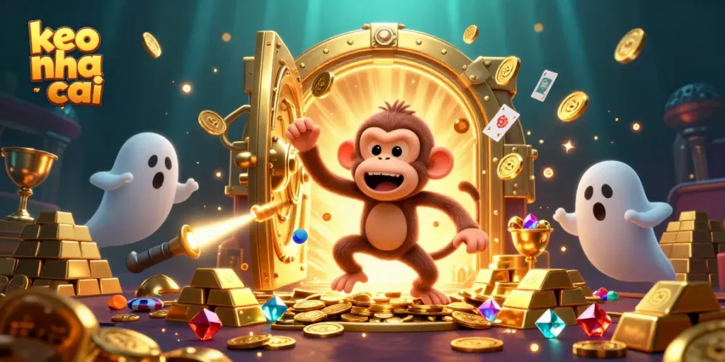 Experience the thrill of keo nha cai as a mischievous ghostly monkey juggles golden treasures in a magical casino scene.