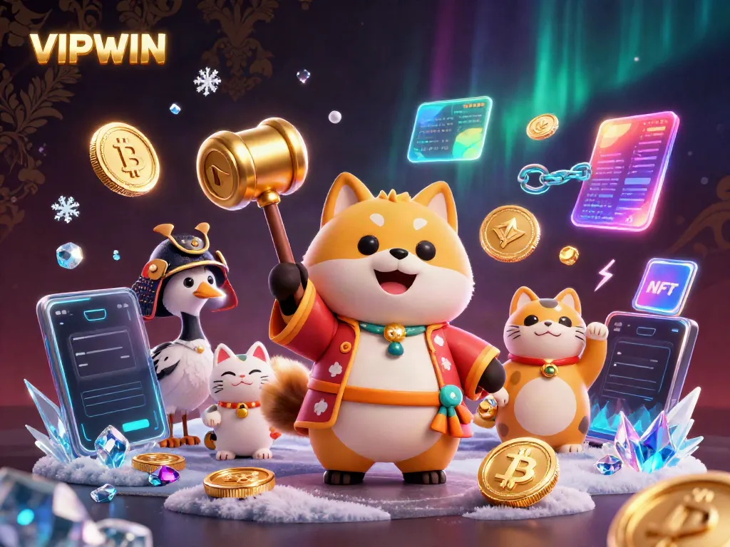Experience thrilling games and jackpots at VIPWIN with a cheerful tanuki and friends in a vibrant casino scene.