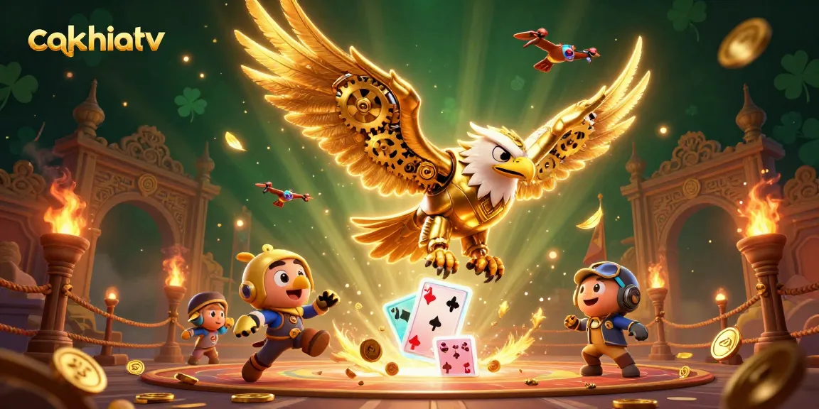 Experience thrilling gaming at cakhiatv with a captivating cybernetic eagle battling through poker cards.