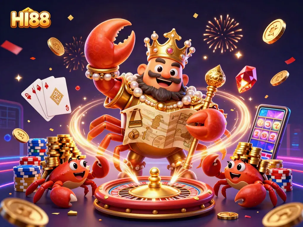 Experience HI88's vibrant casino adventure with a golden crab emperor, treasure map, and thrilling gaming elements.