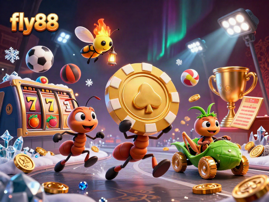 fly88 showcases a heist scene with cartoon ants, golden chips, and dynamic casino elements.