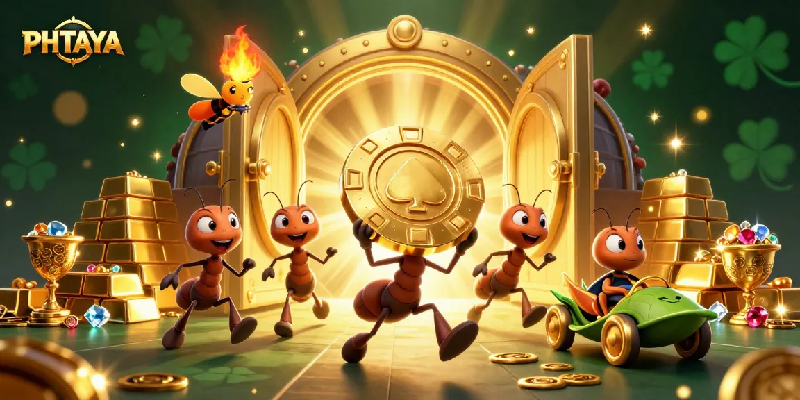 PHTAYA ant team executing a heist with giant poker chip amidst a vivid casino treasure scene.