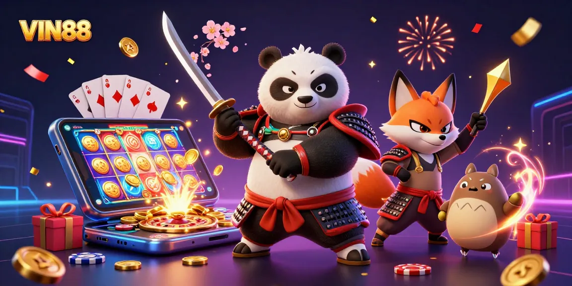 Experience thrilling gameplay at VIN88 with samurai panda and ninja fox amidst casino excitement.