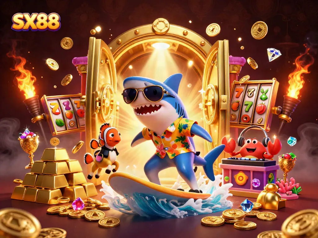 SX88: Dive into thrilling casino excitement with a shark, clownfish, and crab DJ amidst gold and slot elements!