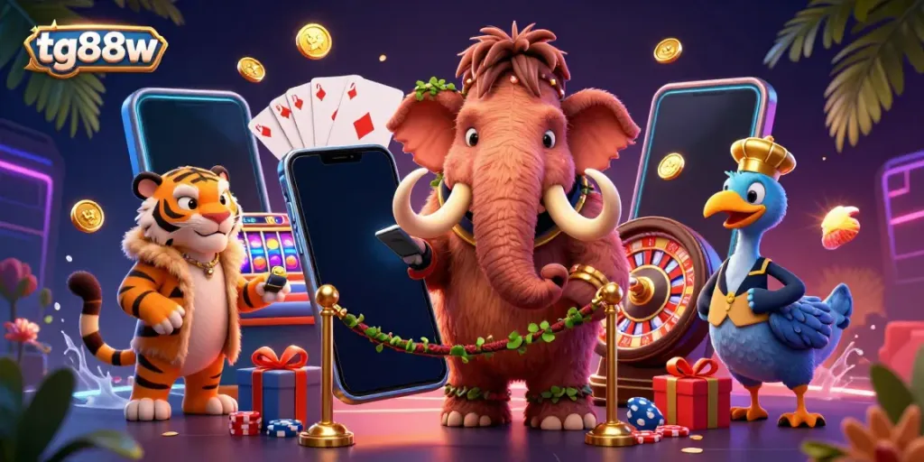 Experience the vibrant slot action at tg88w with a cartoon mammoth bouncer checking IDs!