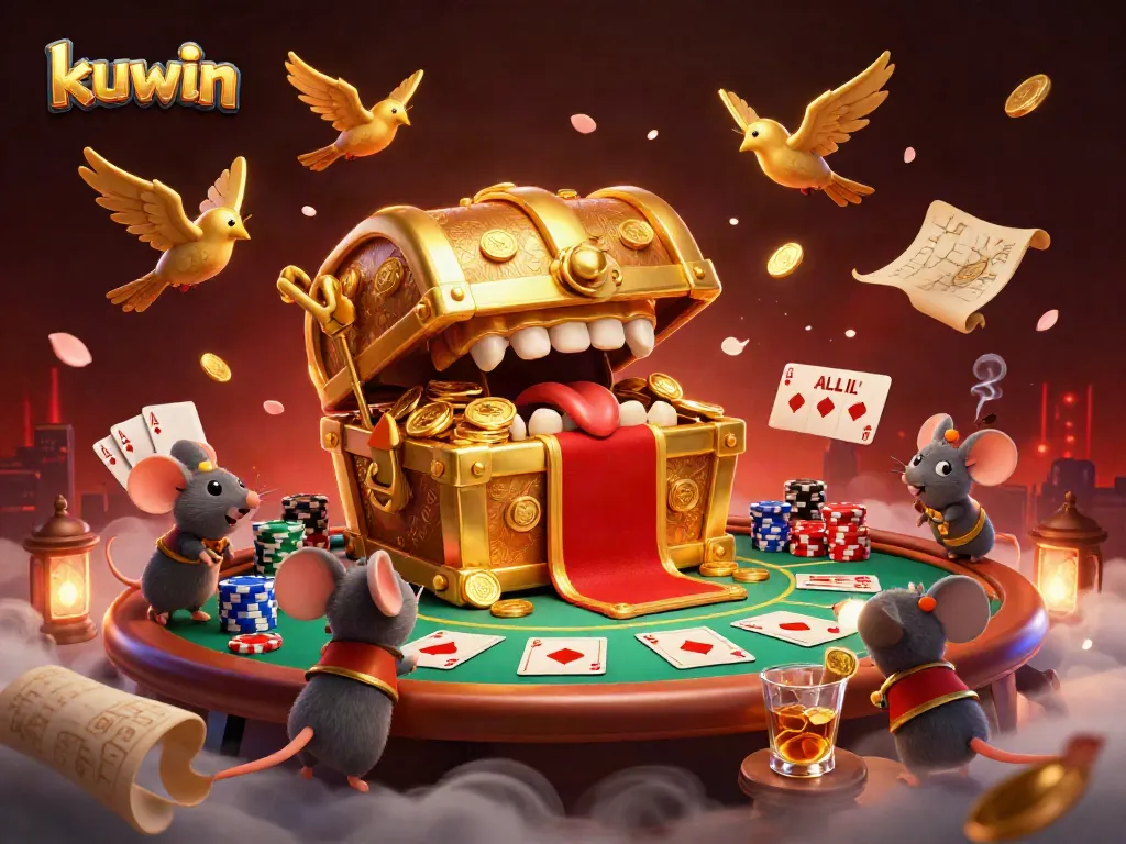 Kuwin's casino adventure showcasing vibrant poker elements and treasure chests enticing players to win big.