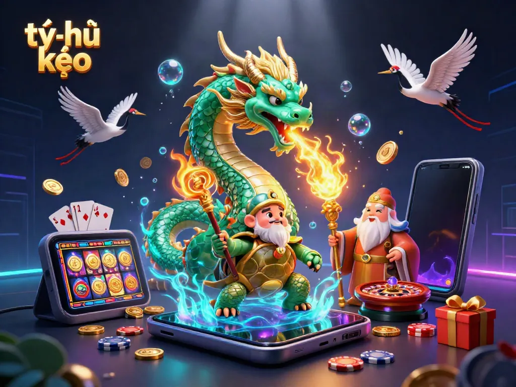 Engaging illustration showcasing tỷ lệ kèo with a jade dragon and 3D characters in a vibrant casino environment.