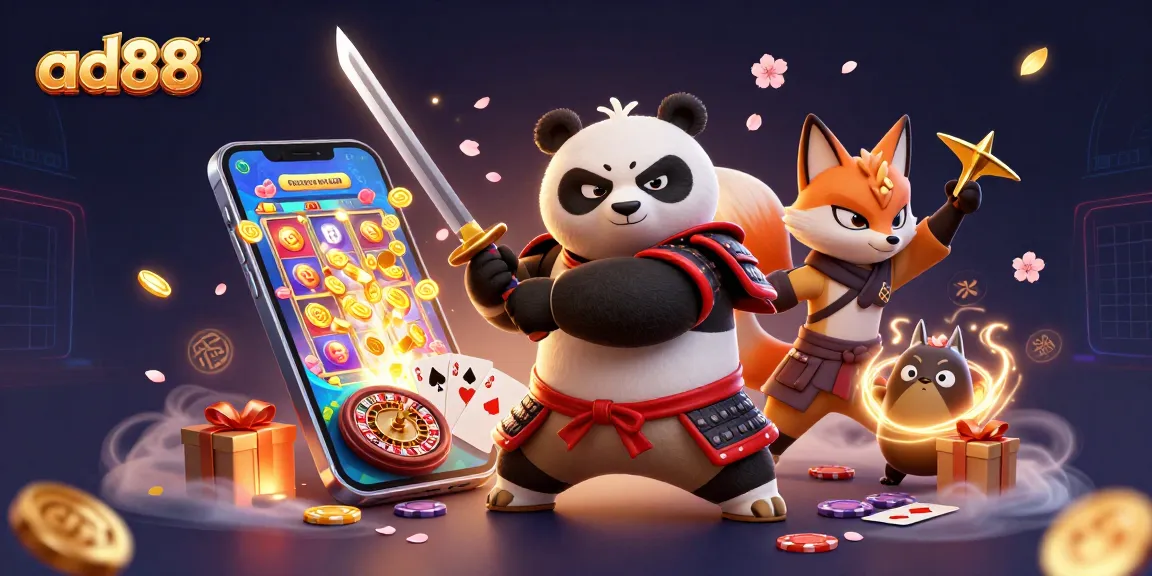Experience ad88 with a dynamic scene featuring samurai panda and gaming excitement.