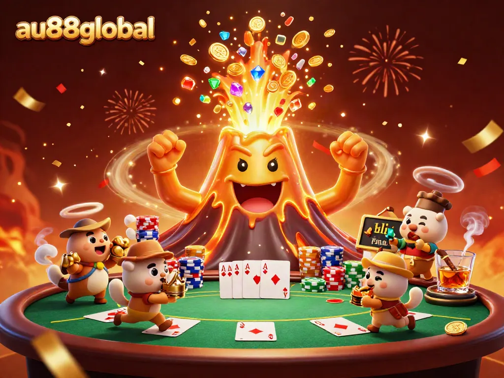 Experience thrills at au88global with a golden volcano erupting treasure amidst poker excitement.