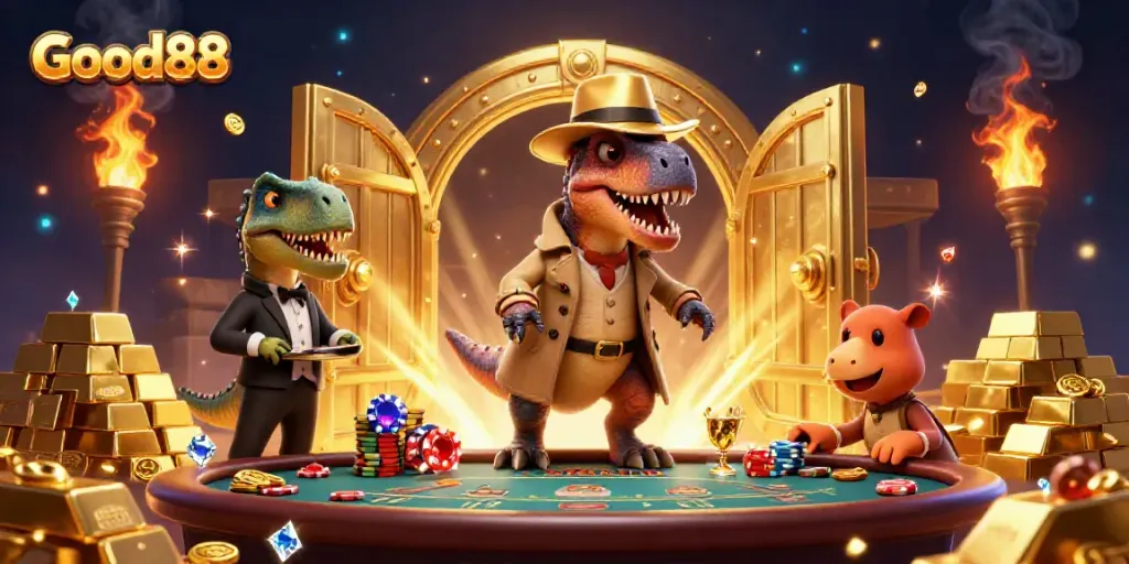 Good88 showcases a velociraptor card counter at a blackjack table, amidst shining treasure.