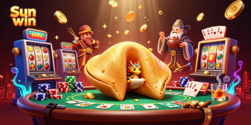 Spin the reels and uncover wins with Sun win's dynamic gaming scene featuring animated characters and vibrant slot machines.