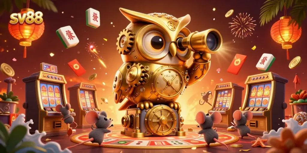 Experience thrilling gameplay at sv88 with a lively 3D cartoon scene depicting a golden owl in a bustling casino.