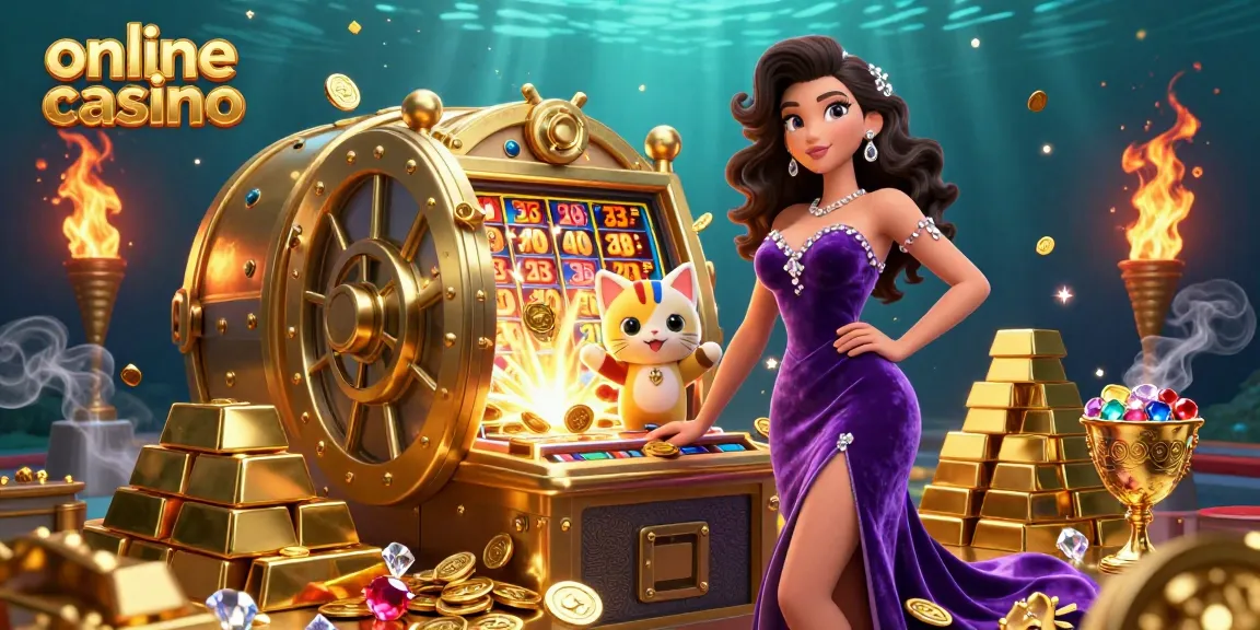 Play online casino games with excitement in this colorful 3D scene featuring slot machines and treasure.