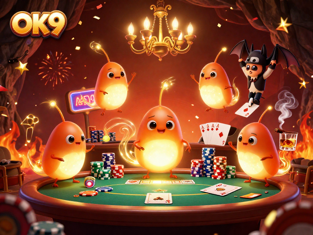 Play at OK9 with a vibrant cartoon casino scene highlighting glowing characters and poker elements.