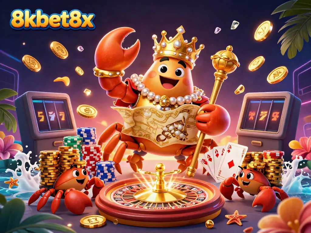 Experience thrilling moments at 8xbet8x with a golden crab emperor amidst cascading coins and vibrant gaming elements.