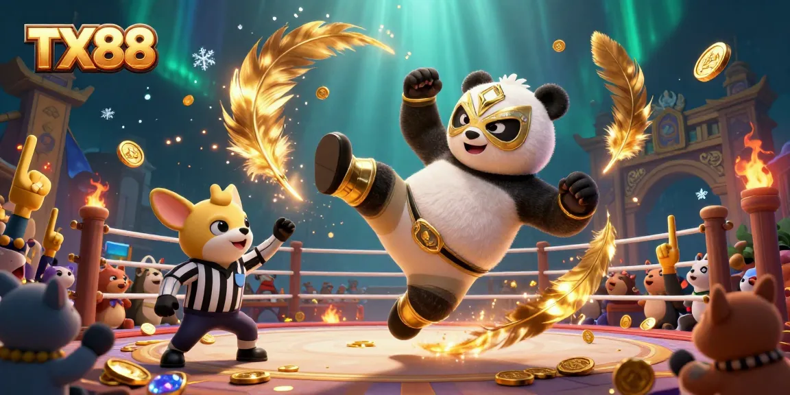 Experience the thrill of TX88 with a panda wrestler and chihuahua referee in a vibrant, engaging casino scene.