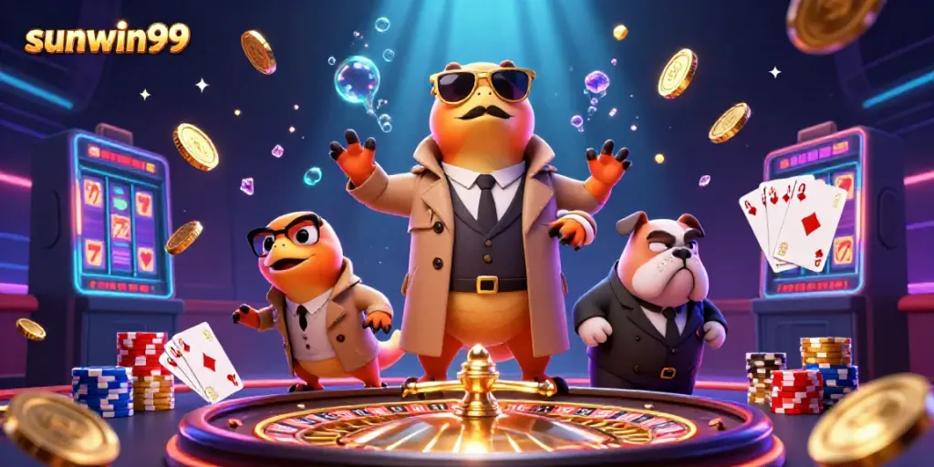 Experience the sunwin99 casino excitement with raptors in a trench coat trying to sneak into a VIP lounge, surrounded by golden coins.