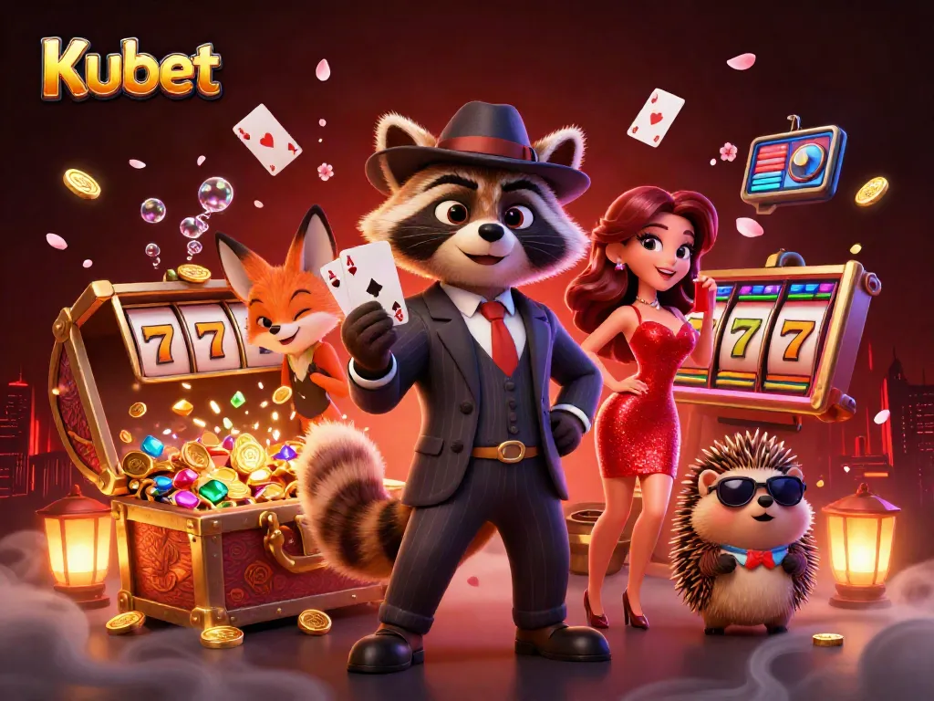 Kubet promotes exciting gaming with a suave raccoon and friends celebrating a royal flush.