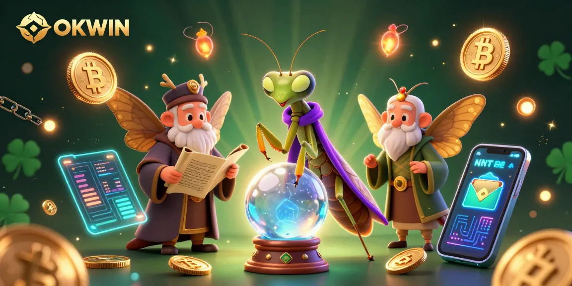 Engage in winning strategies with OKWIN in this captivating 3D casino illustration featuring fortune tellers and digital elements.