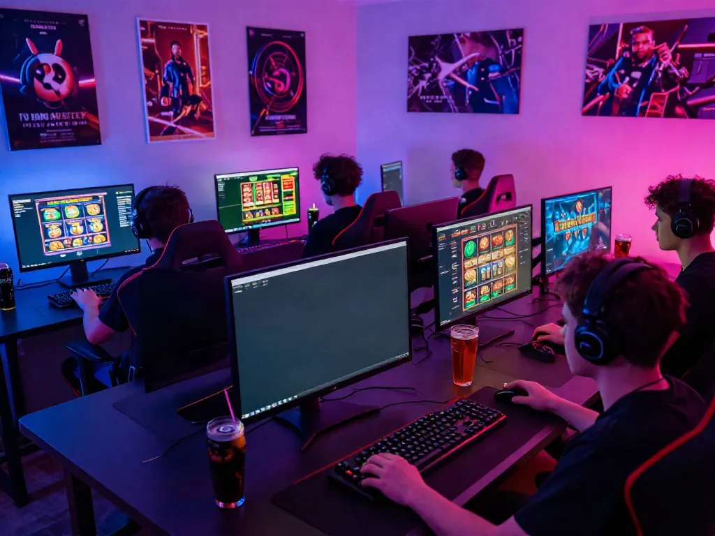 Exciting ku88 gaming setup with players immersed in casino games and vibrant desktop environment.