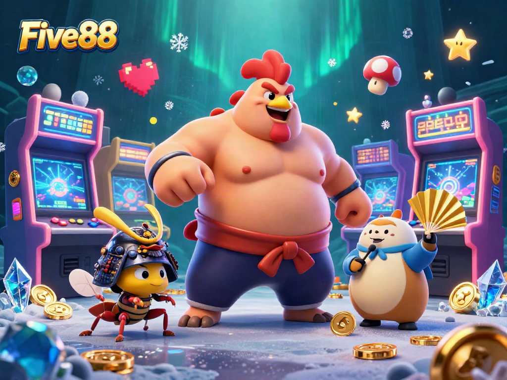 Experience the excitement of Five88 with a powerful sumo rooster and samurai cricket amidst glowing casino games.
