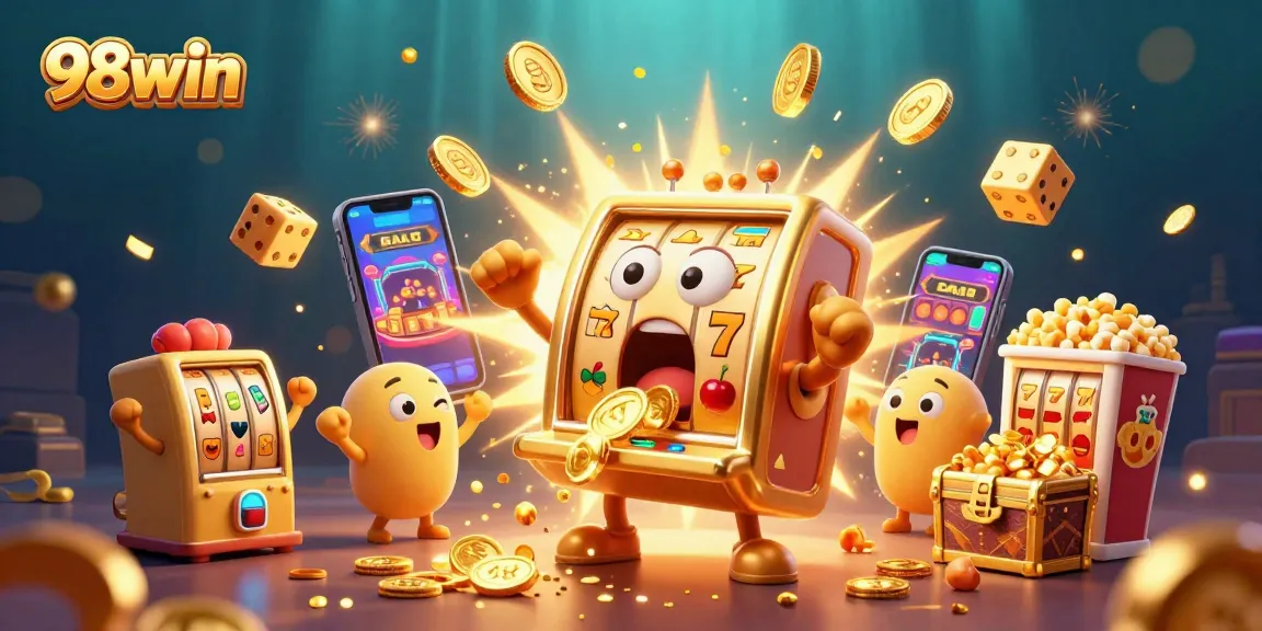 Experience thrilling wins at 98win with a vibrant 3D casino illustration featuring golden slot machines and jackpots.