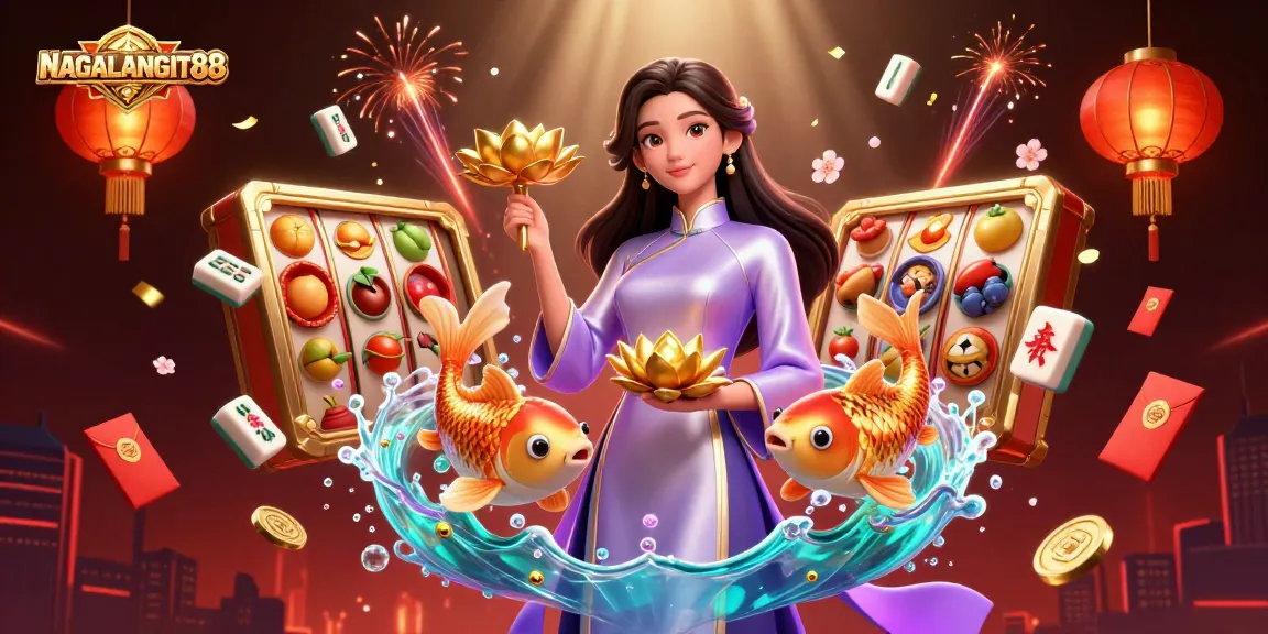NAGALANGIT88 showcases an elegant casino scene with a stylish Asian woman, slot elements, and vibrant effects.