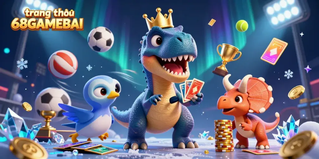 Engage with the dynamic scene representing trang chủ 68GAMEBAI with a T-Rex, pterodactyl, and triceratops in an energetic casino setting.