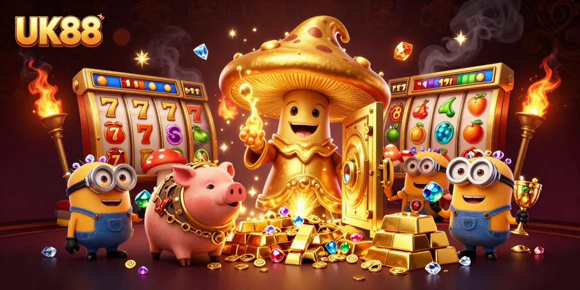 Experience the magic of UK88 with our captivating 3D casino illustration featuring golden treasures.