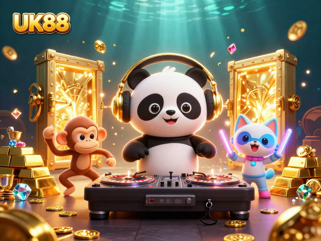 Unleash your excitement with UK88's vibrant 3D casino illustration showcasing animated characters and dazzling game elements.