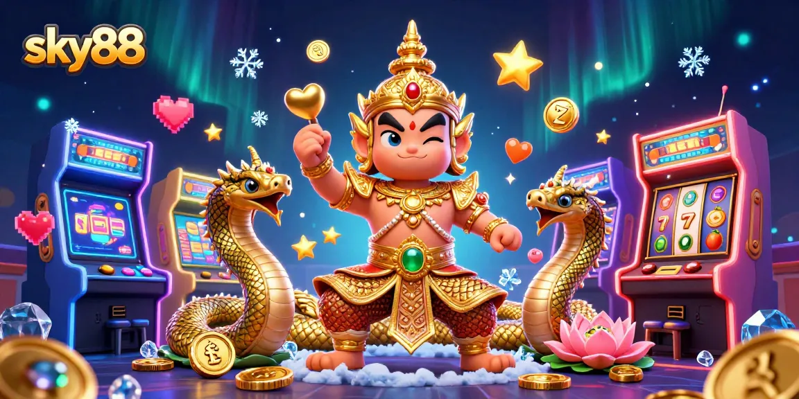 Experience sky88 gaming with cartoon guardian and casino slots in dynamic 3D illustration.