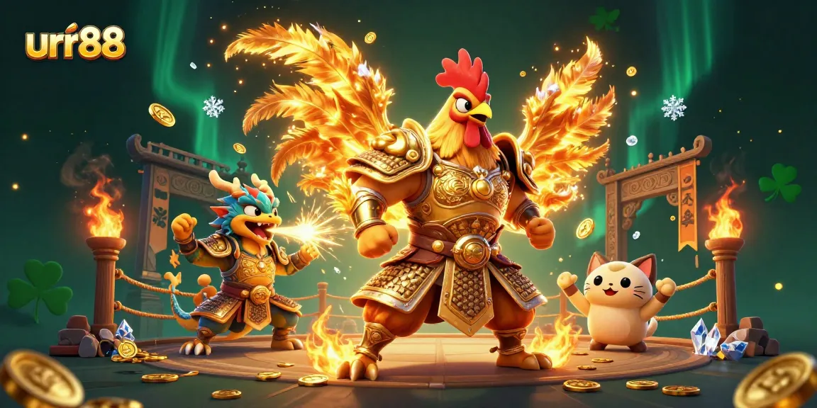 Experience thrilling gameplay at urr88 with a dynamic fighting rooster and dragon in a rich casino scene.