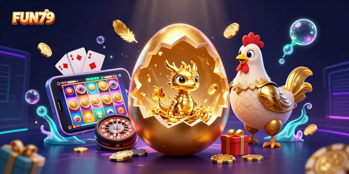 Experience FUN79 with a golden dragon and gaming elements creating excitement in a 3D casino illustration.