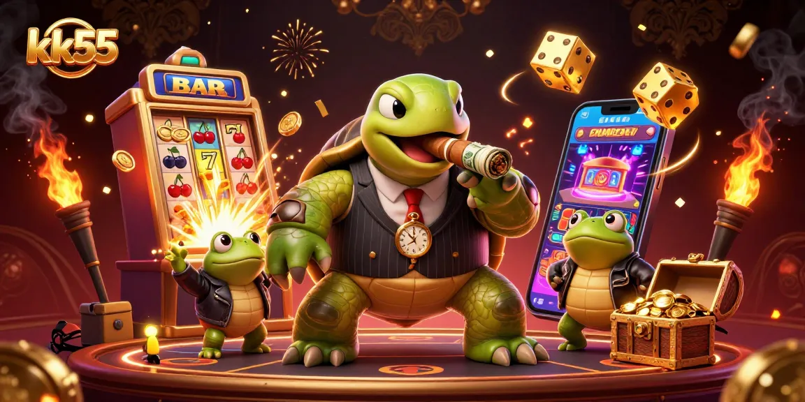 Engage with luck at kk55's casino scene featuring a turtle mobster and exciting games.
