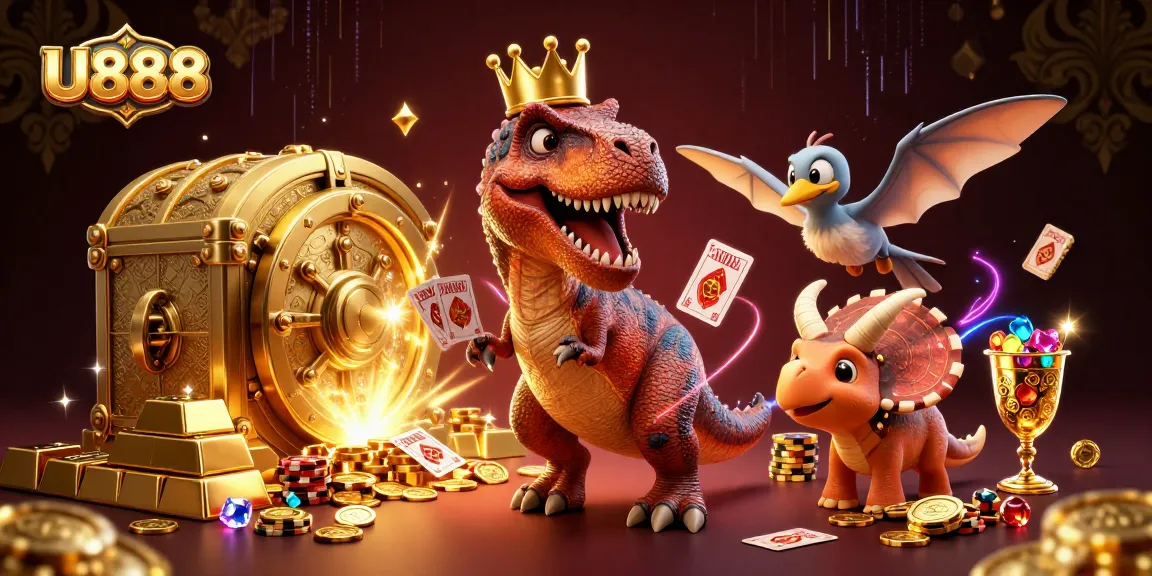 U888 casino scene with a T-Rex shuffling cards, showcasing vibrant treasures and exciting gameplay.