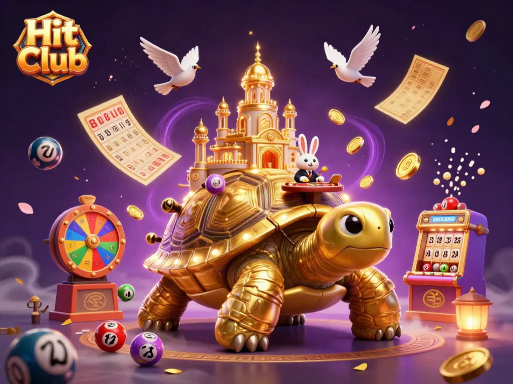 Hit Club features a vibrant casino scene with golden tortoise, rabbit dealer, and dynamic gaming elements.