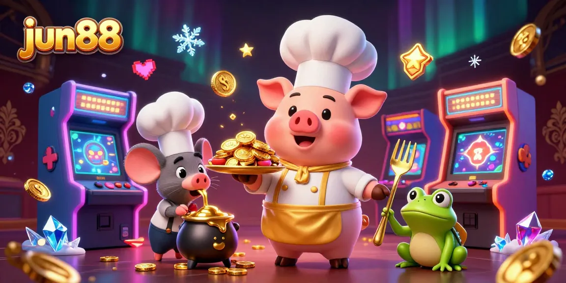 Experience exciting gaming action with jun88 as a chef pig serves golden coins in a vibrant casino scene.