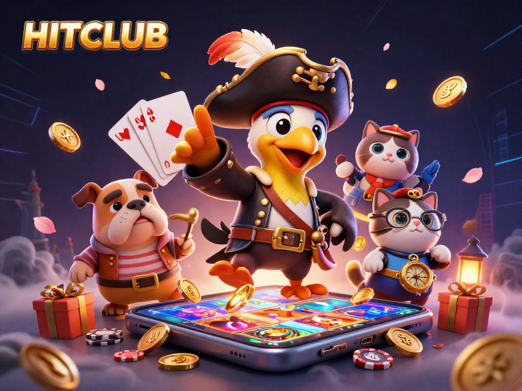 HITCLUB offers exciting gaming action with a colorful slot game display and engaging characters.