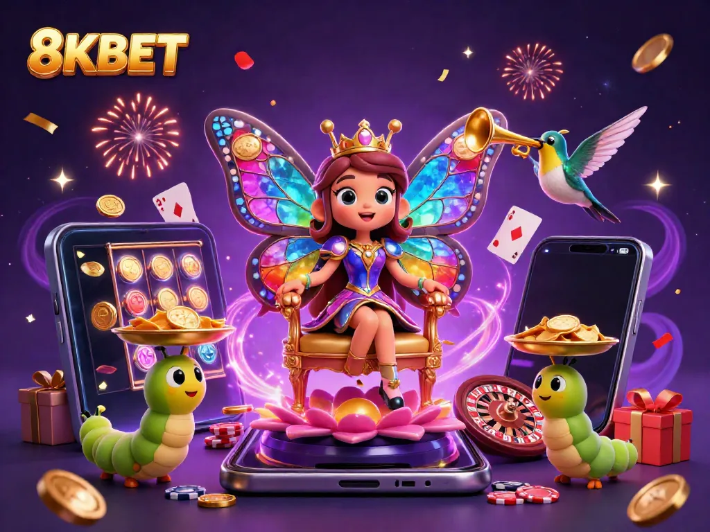 Engage with thrilling online games at 8KBET featuring a vibrant animated scene of gaming elements and characters.