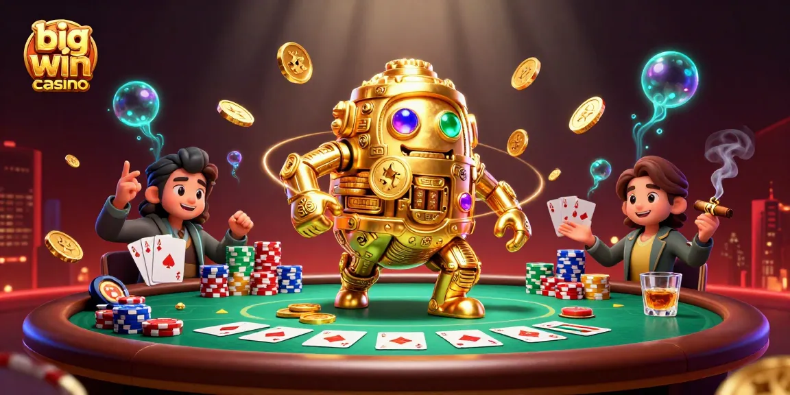 Big win casino animation showcases vibrant poker action with golden golem and chip stacks.