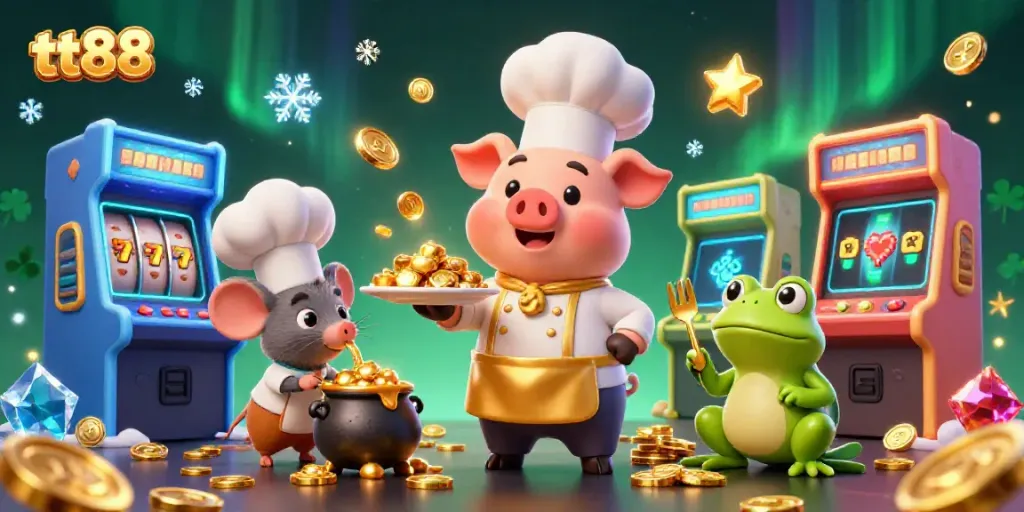 Join the excitement at tt88, where the cartoon chef pig serves gold coins amidst vibrant casino elements.