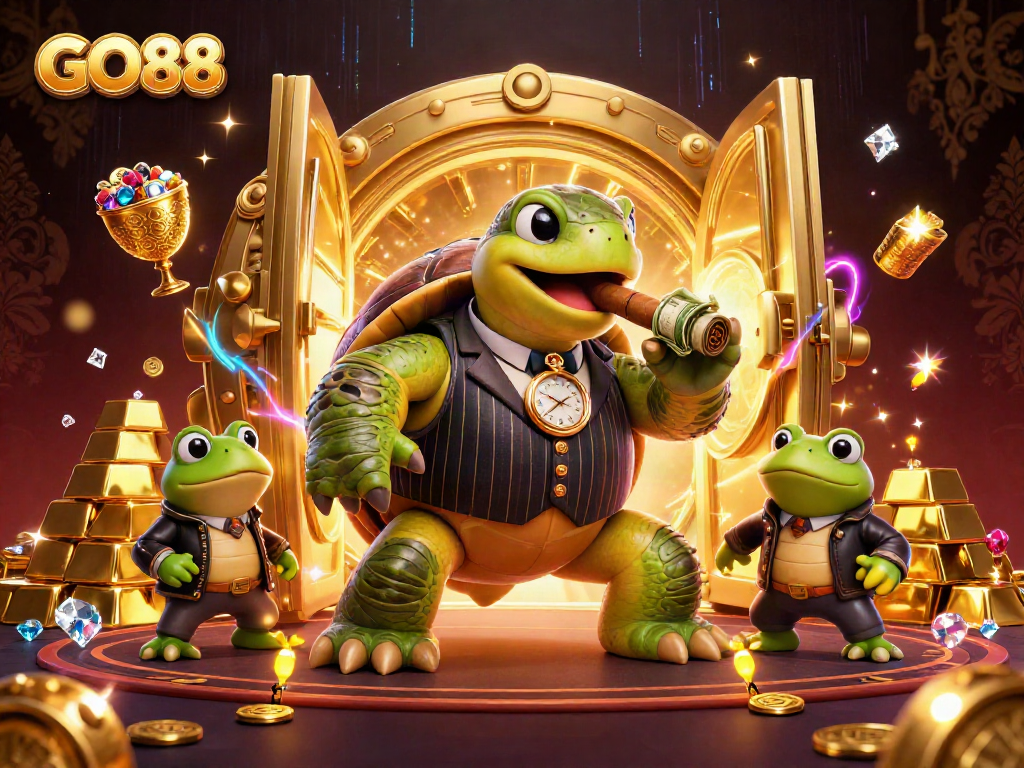 Engage with GO88 for thrilling casino adventures with a bold turtle in a mobster suit.
