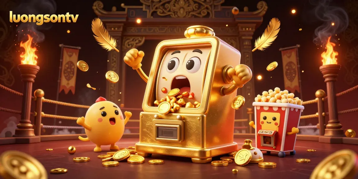 luongsontv's exciting scene with golden slot machine celebrating its jackpot amidst lively casino elements