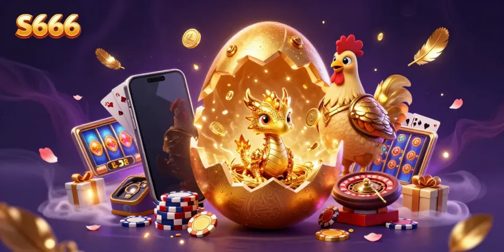 S666 showcases a majestic golden egg revealing a golden dragon amid vibrant casino elements.