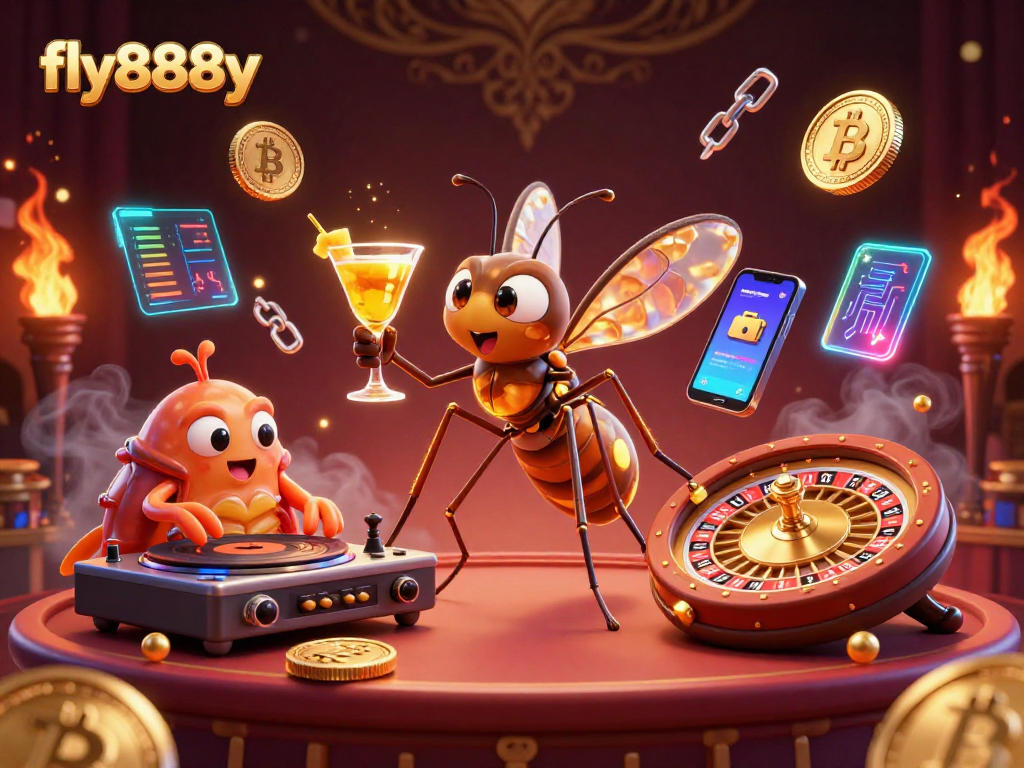 Watch fly888y’s casino mascot ignite excitement with golden cocktails and thrilling games.