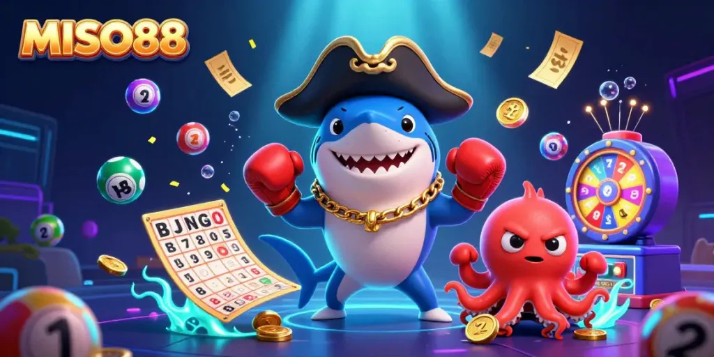 Engage with MISO88's thrilling world of online gambling through vibrant characters in a dynamic, colorful scene.