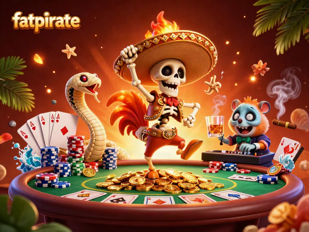 Win big at FatPirate Casino with vibrant gaming action on poker tables surrounded by colorful characters.